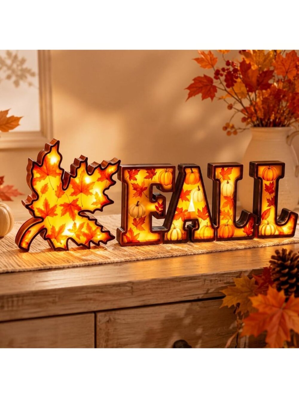 Set of 2 Lighted Fall Table Decor - Wooden Maple Leaf Signs for Autumn Home